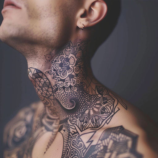 Intricate geometric neck tattoo design