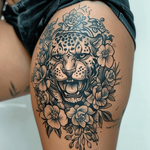 Thigh tattoo fierce panther, Ami James style
