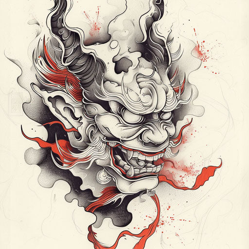 Dynamic flat tattoo sketch of a Hannya mask with swirling, fiery breath