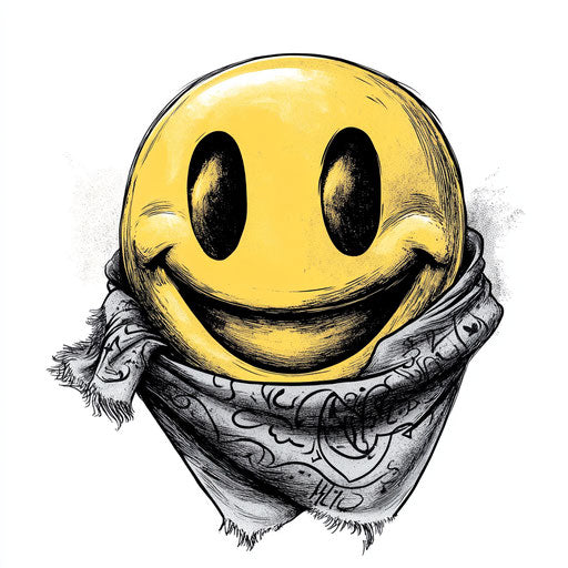 Flat tattoo sketch of a smiley with bandana on white background