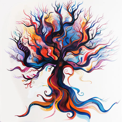 Abstract tree of life with surreal shapes and vibrant colors
