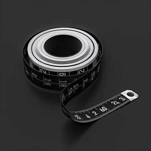 Tape measure clipart rendered in a realistic style on a flat, dark charcoal background, accentuating dramatic contrast and intricate detail