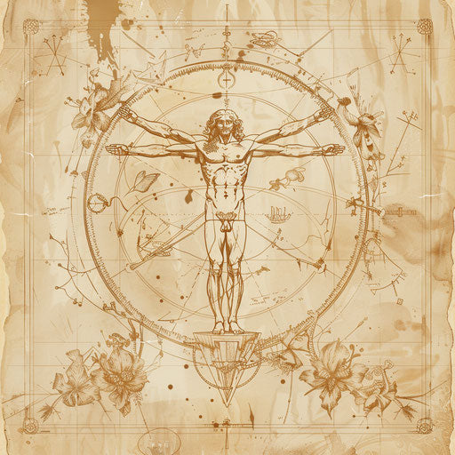 Symbolic tattoo sketch of the Vitruvian Man with ancient runes in earth tones, mystical clipart design