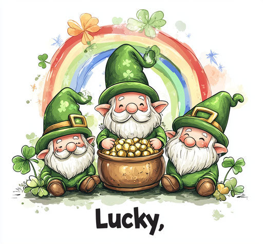 St. Patrick's Day gnomes with a pot of gold and a rainbow