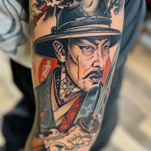 Japanese-inspired gangster tattoo featuring Yakuza in full color on white background