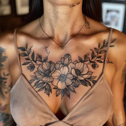 Realistic black and gray chest tattoo design for women