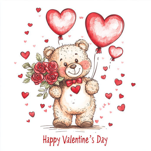 Adorable teddy bear with roses, heart balloons, Valentine