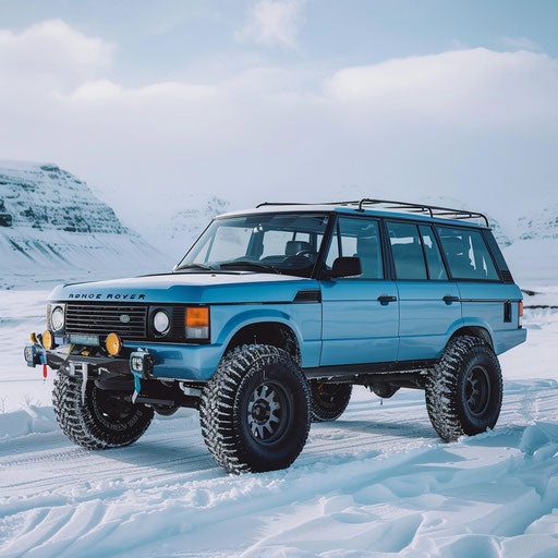 Ice-blue off-road vehicle on Arctic snow