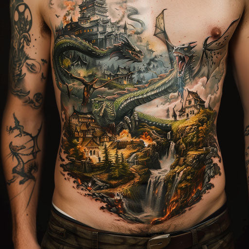 Epic fantasy scenes in Adrian Smith's stomach tattoo style