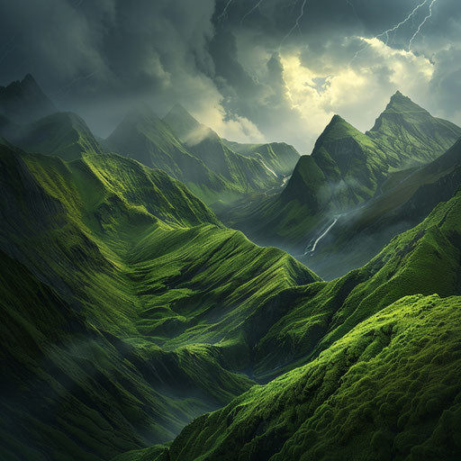 Storm approaching the Green Mountains, dramatic lighting and dark clouds contrasting with the lush terrain