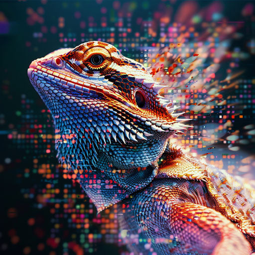 Bearded dragon amidst a burst of digital pixels