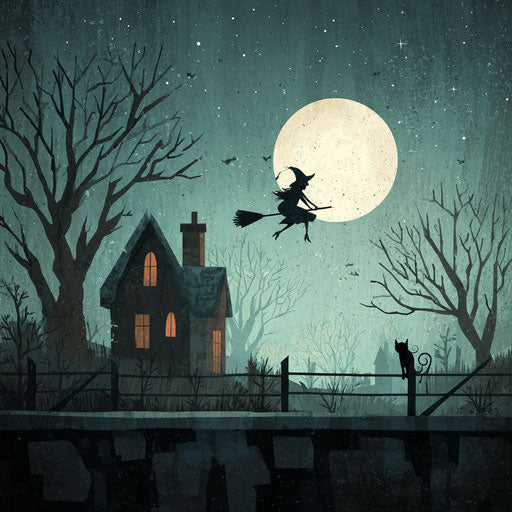 Spooky Halloween Night with Witch and Haunted House