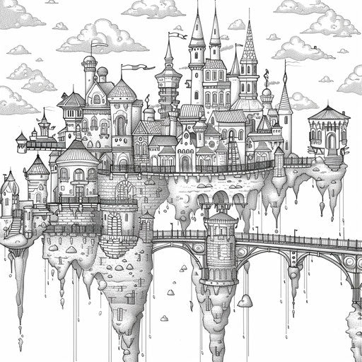 Whimsical city with floating islands connected by bridges