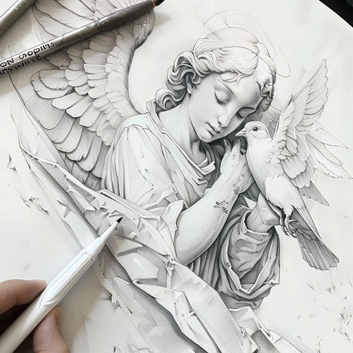 Guardian angel with serene expression holding a dove