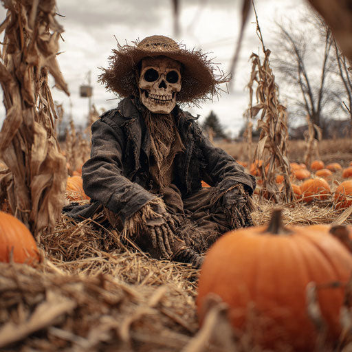 Skeleton Scarecrow Among the Pumpkins