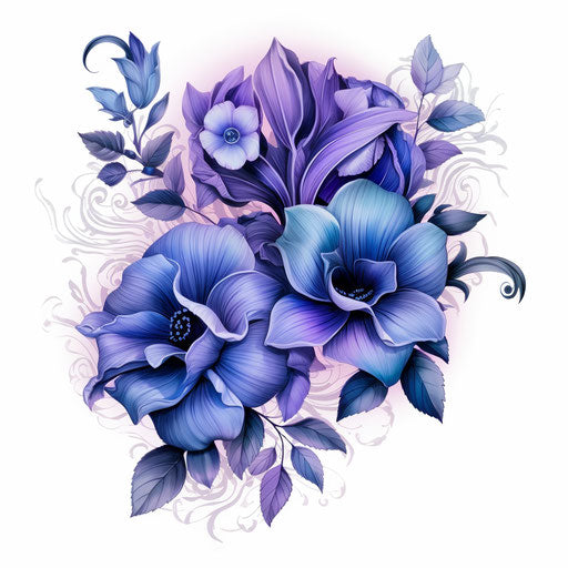 Blue and purple flowers on white background, tattoo style, 1st version