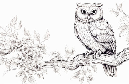 Owl on branch, coloring pages, cute and dreamy
