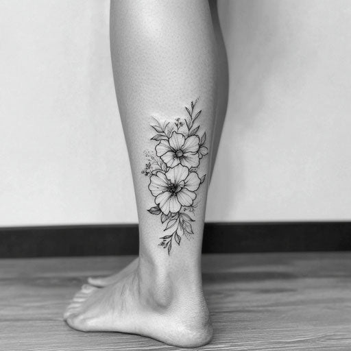 Minimalist black tattoo on female leg in clipart style