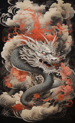 Dragon tattoo, black, red and flaming, silk painting style