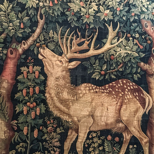 An elk in the middle of a medieval tapestry scene