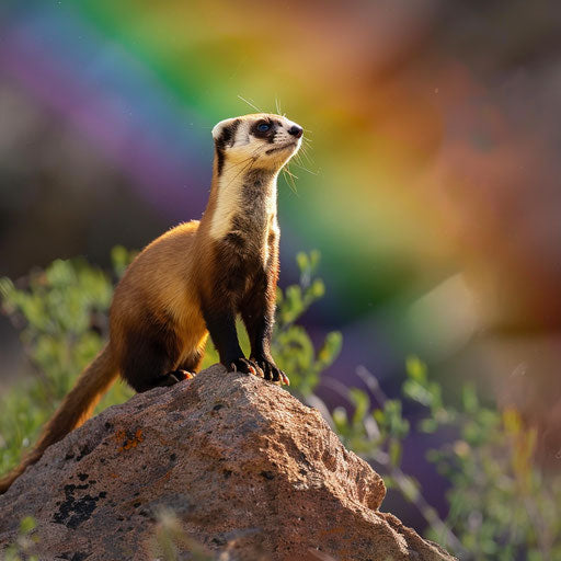 Majestic black-footed ferret on a rock, framed by a rainbow after the storm