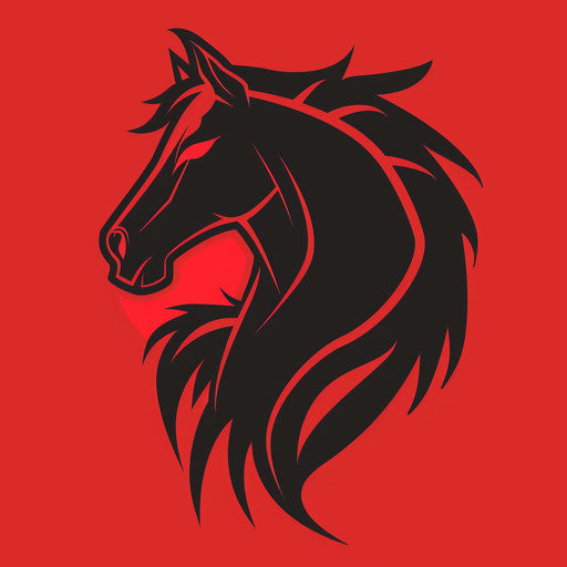 Bold horse logo with a stylized horse silhouette and a red background