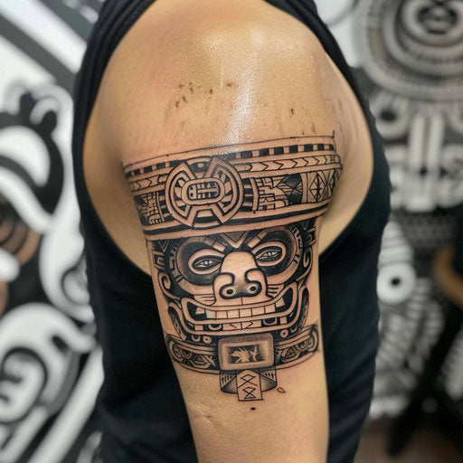 Armband tattoo of Aztec symbols and patterns, Humberto Ramos style, upper arm