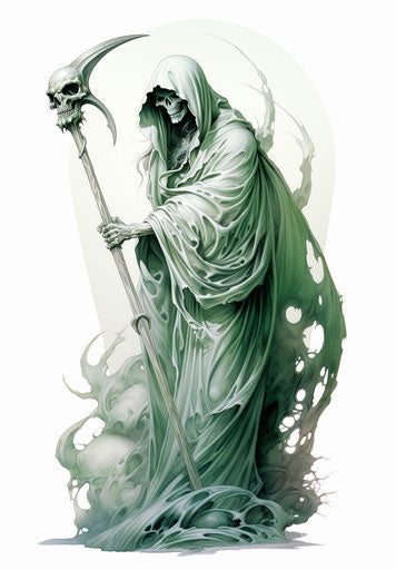 The grim reaper holding the scythe, dark white and light green style