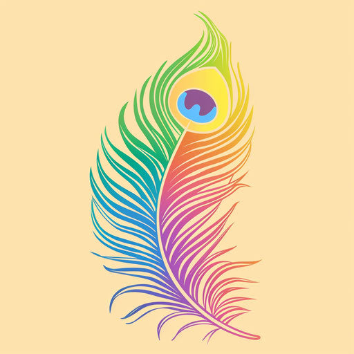 Stylized peacock feather in rainbow colors, flat tattoo sketch for pride