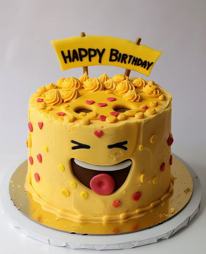 Yellow cake with emoji tongue out 'HAPPY BIRTHDAY'