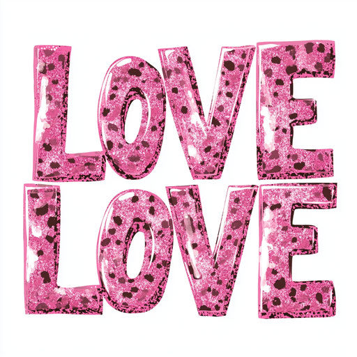 Pink leopard print with pink glittery text 'LOVE' and heart clipart on white background