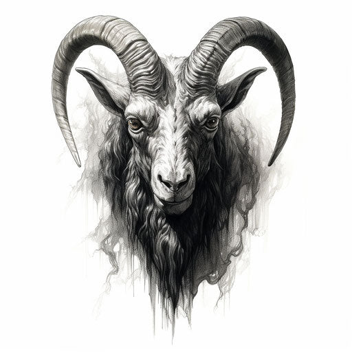 Inked goat head in antichrist style, psychological symbolism