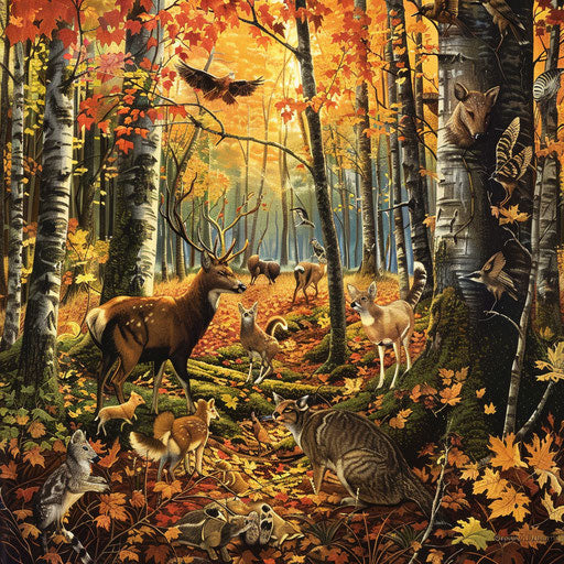 Animals in a vibrant New England fall forest