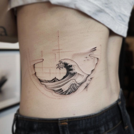 Rib tattoos of minimalist waves on the ribs