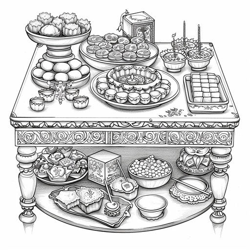 Beautifully decorated Diwali feast table with sweets, realistic drawing
