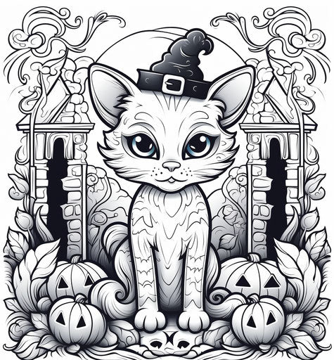 Halloween coloring for kids with house and accessories, Henryk Gotlib, Lisa Frank style, poignant 27:29