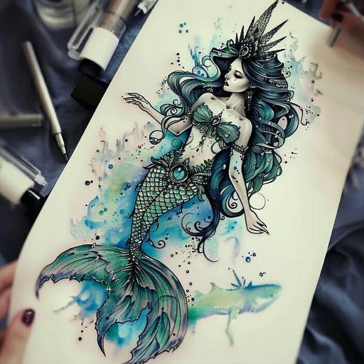 Mythical tattoo sketch of a mermaid under the sea