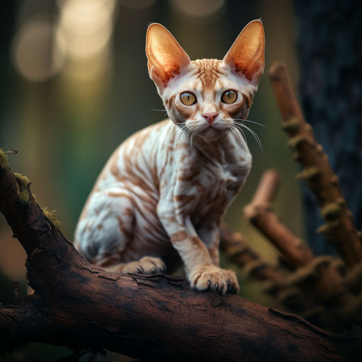 Devon Rex cat lying on a tree branch