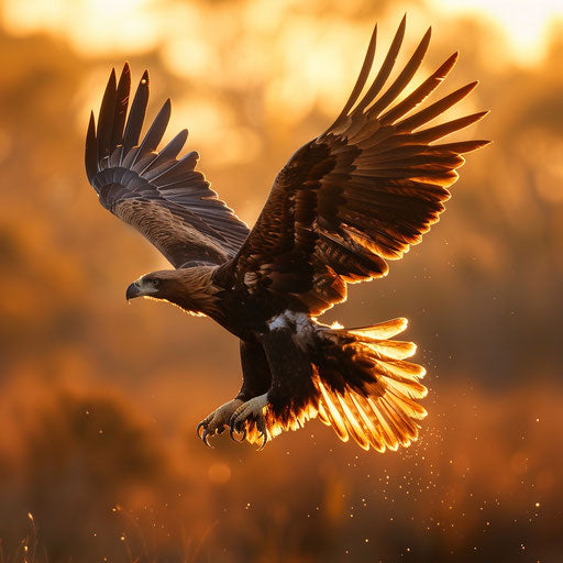 Royal eagle gliding over the Australian outback at sunrise