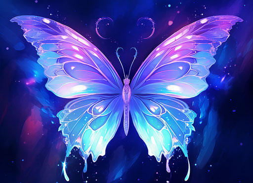 Blue butterfly with wings on white background, dark purple and pink