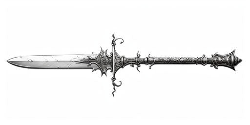 Black and white sword illustration, detailed anglocore style