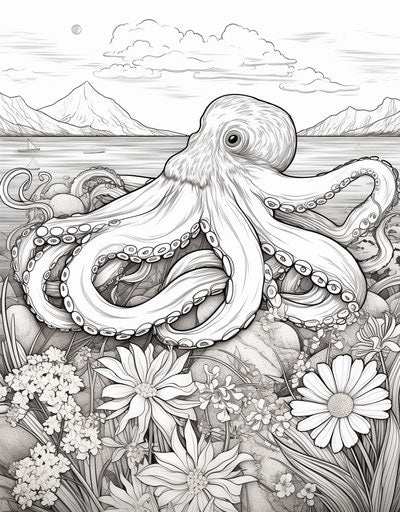 Adult coloring page with octopus vector design