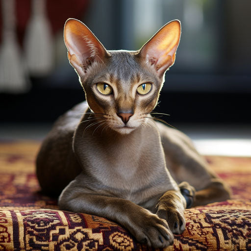 Oriental shorthair cat lying on a carpet