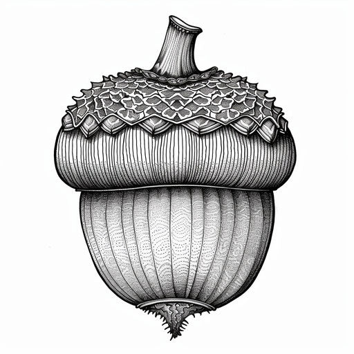 Detailed illustration of a single acorn with intricate patterns on its cap. Coloring book page
