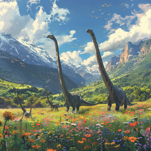 Family of brachiosaurs grazing in a wildflower meadow