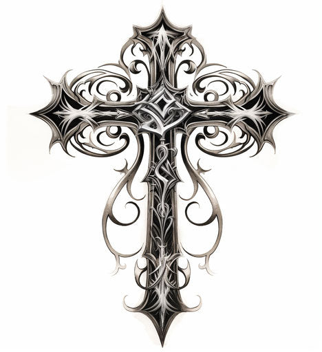 Tribal cross tattoo with wings, gothic grandeur style