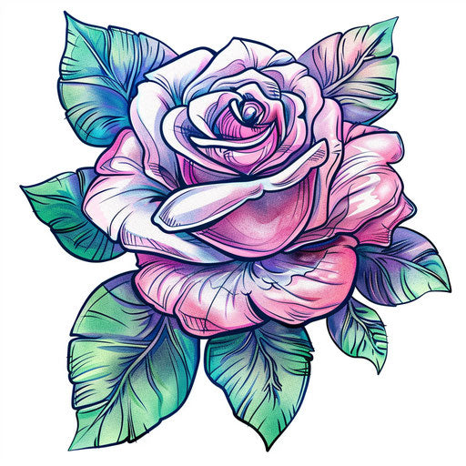 Vibrant clipart style flat tattoo sketch featuring a pink rose and soft green leaves
