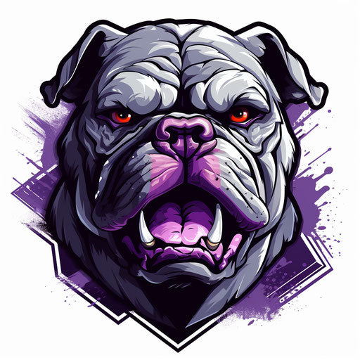 Graphic design with bulldog logo, purple and gray style