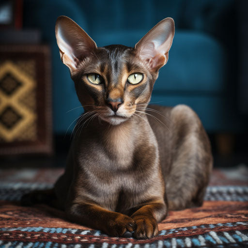 Oriental shorthair cat lounging on a carpet