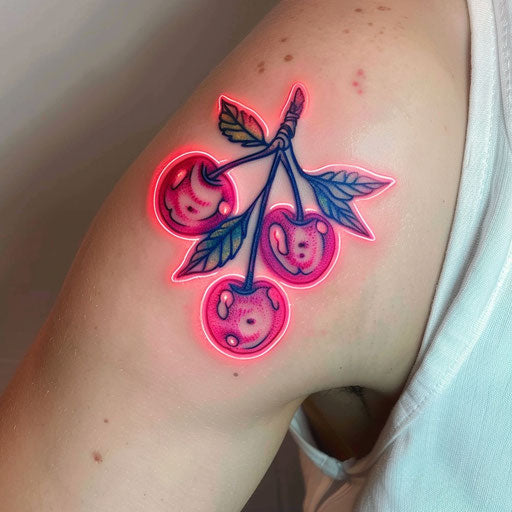 Hyper-modern neon cherry tattoo on pure white background